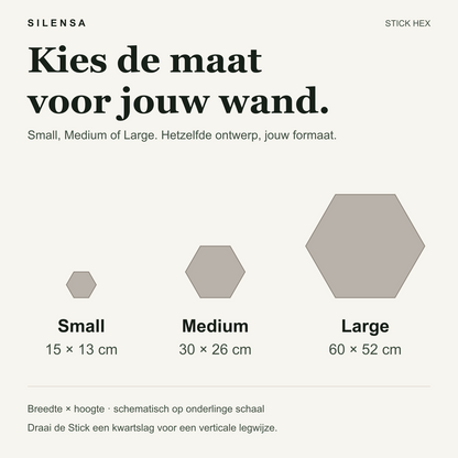 Stick Hex maten: Small 15 × 13 cm, Medium 30 × 26 cm, Large 60 × 52 cm.