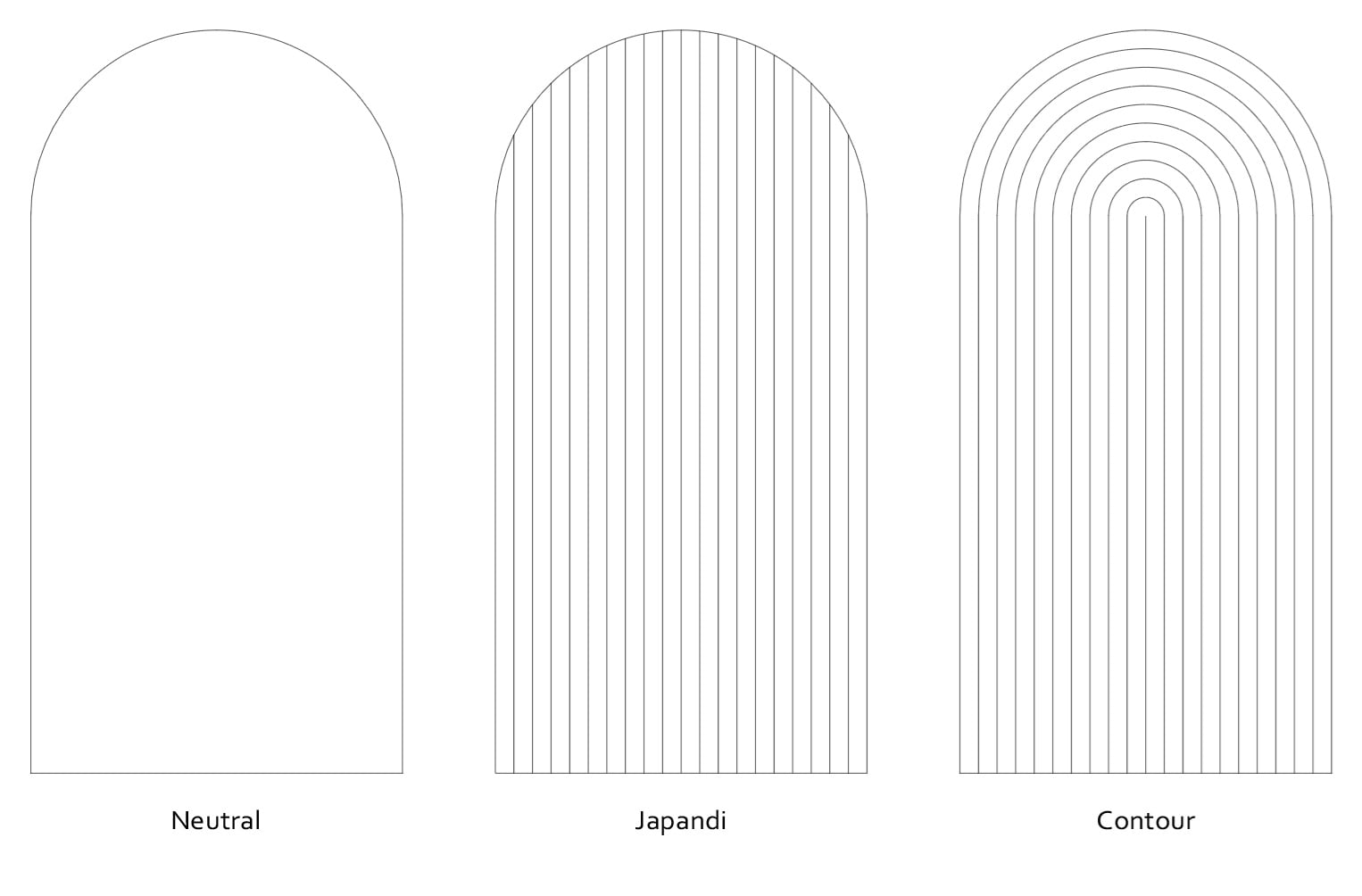 Overzicht van de Wall Arch-designs Contour, Japandi en Neutral